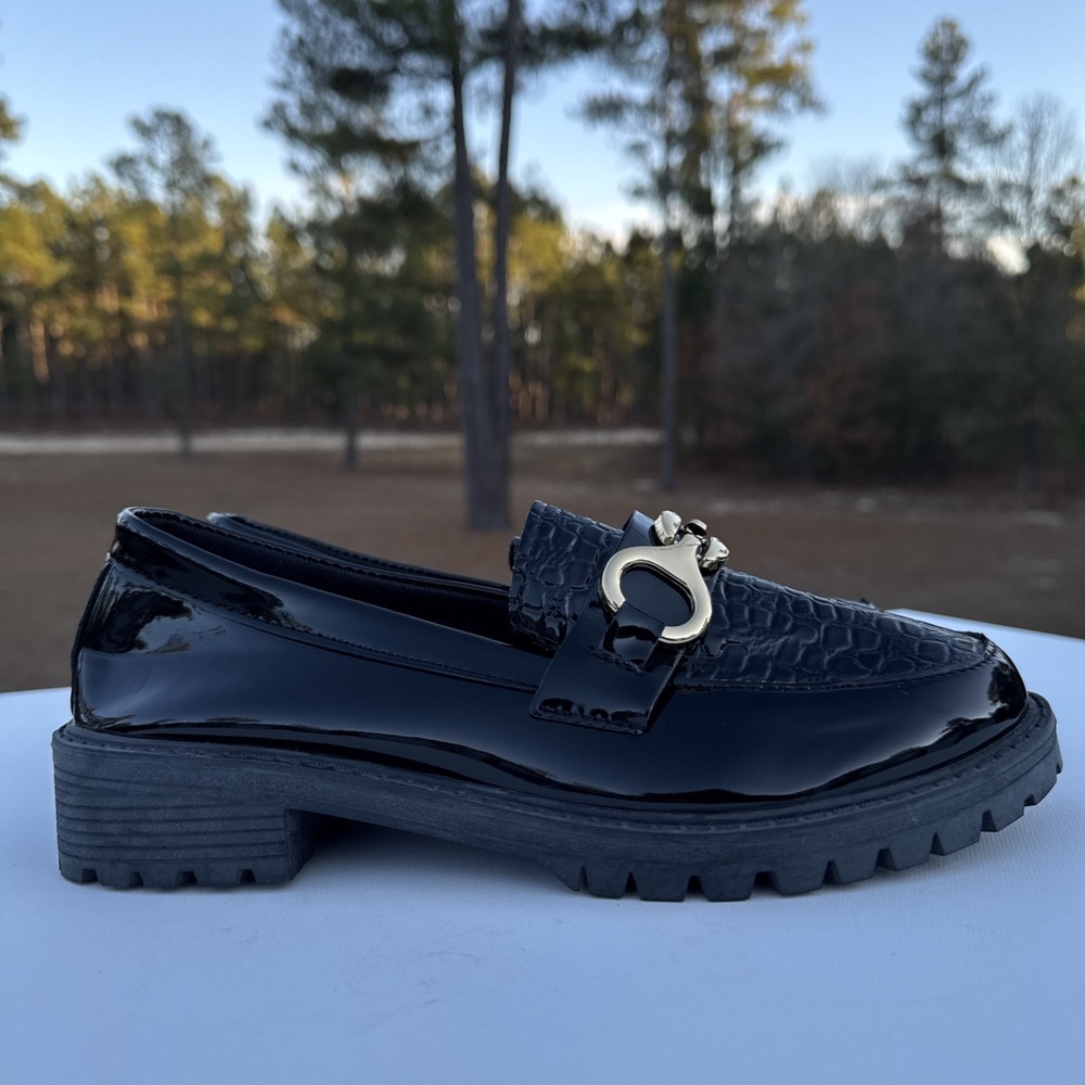 Platform Loafers Shoes Womens 7 Black Patent Faux Leather Croc Chunky Gold Chain